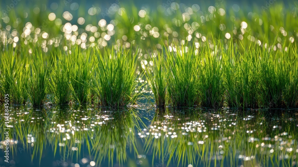 Obraz premium Lush Green Rice Paddy Reflecting Sunlight on Calm Water Beautiful Nature Scene