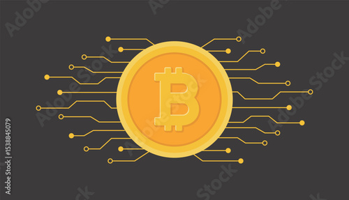 Golden Bitcoin coin with circuit board elements, symbolizing digital currency, blockchain technology, and decentralized finance innovation. Ideal for fintech and crypto-related content.