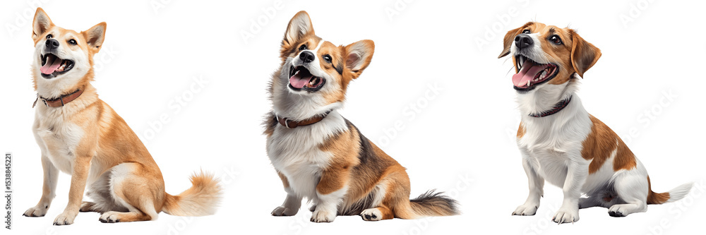 Set For Three happy dogs sitting and looking up isolated on transparent background Set For Three happy dogs sitting and looking up isolated on transparent background
