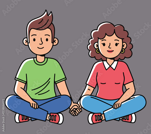 A vector illustration of a casually dressed young couple sitting cross-legged and holding hands, both smiling, depicting contentment and togetherness