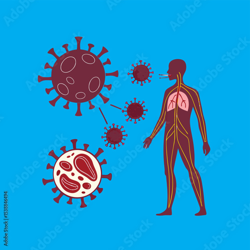  The Invisible Enemy: A stylized representation of a virus invading a human body, visually depicting the impact of disease and illustrating the internal effects.Print