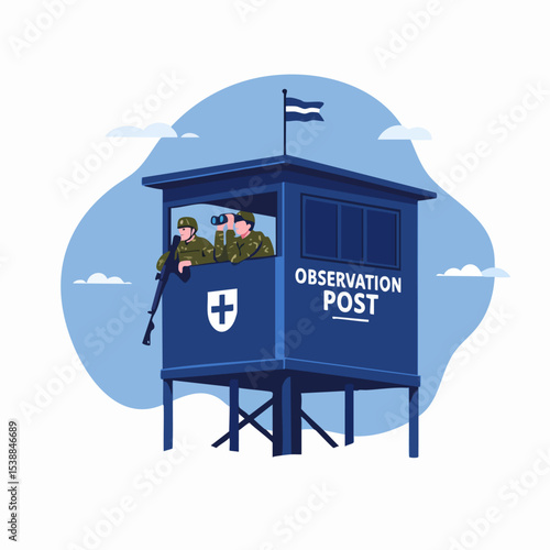 Guardians of the Horizon: Two soldiers stand vigilant in their observation post, surveying the landscape with focused intensity. The scene embodies security and readiness. 