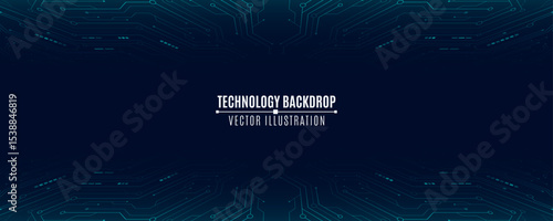 Digital technology background featuring abstract glowing circuit lines and electronics elements on a dark blue backdrop. H-tech backdrop with electronic system. Vector illustration.