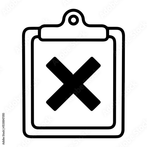 Outline style image depicts a clipboard with a document featuring a large, prominent X symbol centrally placed, symbolizing a rejected file, an error, or a failed entry. Related to data rejection