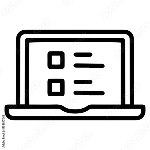 Outline style image depicts a laptop displaying a digital survey or questionnaire with two empty square checkboxes on its screen, symbolizing an interactive online form. Related to feedback collection