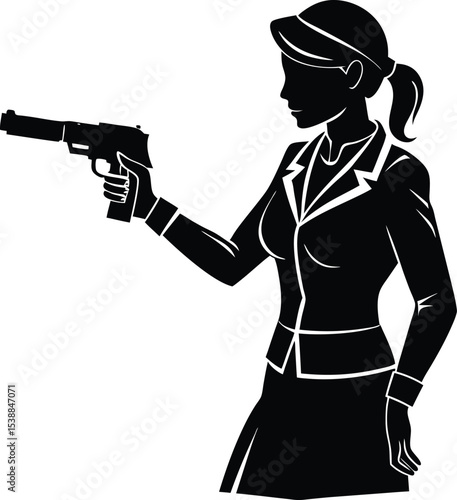 Female police officer aiming gun in silhouette tactical side view