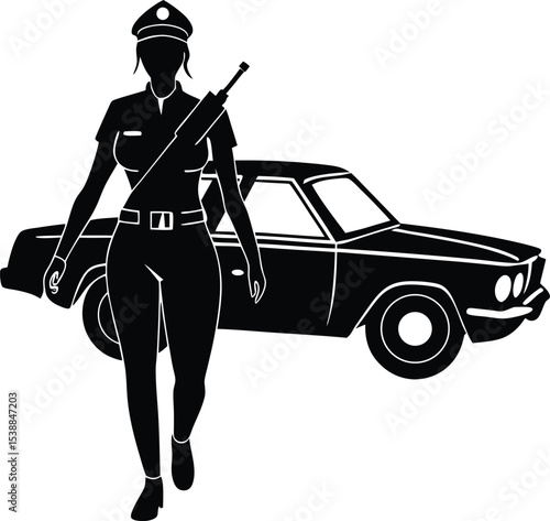 Female police officer standing near patrol car in calm street scene
