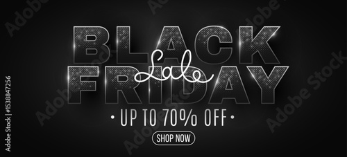 Elegant Black Friday promotional banner with glittering typography. Glowing sale script for digital marketing campaigns. Glamour design suitable for fashion week. Vector illustration.