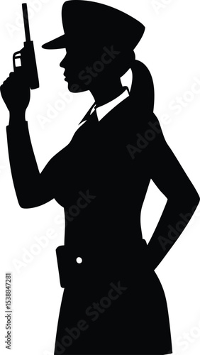 Female detective silhouette holding gun in mysterious alert stance