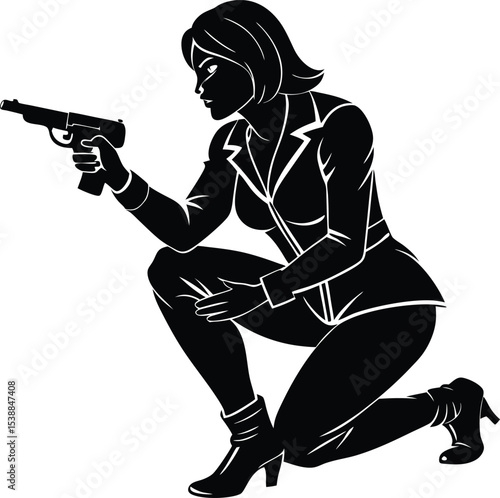 Kneeling female police officer aiming gun in ready-to-shoot position