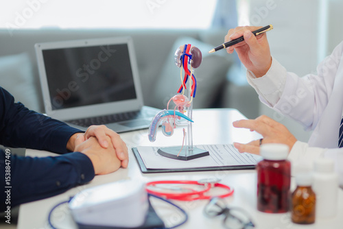 Female doctor gives advice and explanation to testicular cancer patient and in examination room using male genital anatomy model and blood pressure measurement. Healthcare and medical concept.