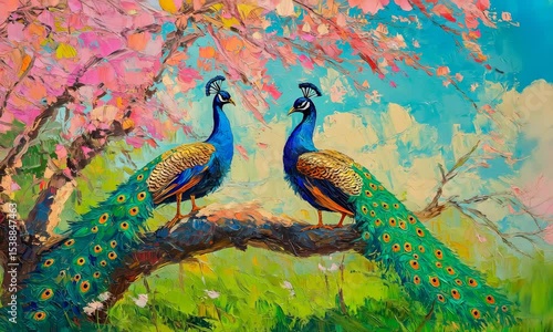 Colorful peacocks perched on a branch