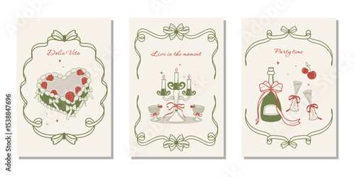 A set of vintage flirty greeting cards. Template for posters, banners, wedding invitations, birthday cards with cake, champagne and candles. Vector illustration.