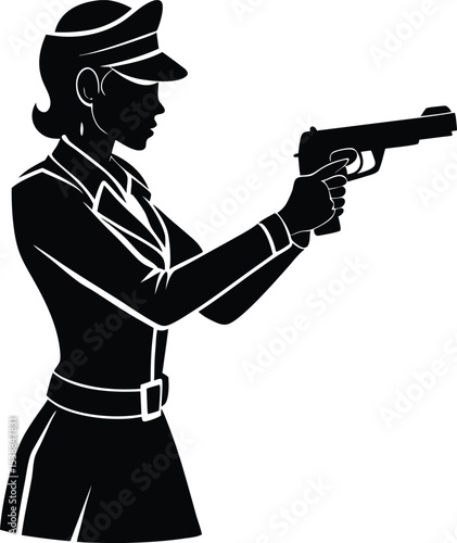 Female officer pointing gun sideways in confident shooting posture