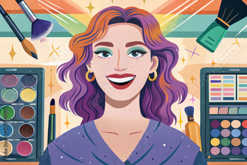 makeup artist with a bright smile, showcasing beauty skills, creative talent, cosmetics expertise, and a professional, cheerful personality in studio lighting