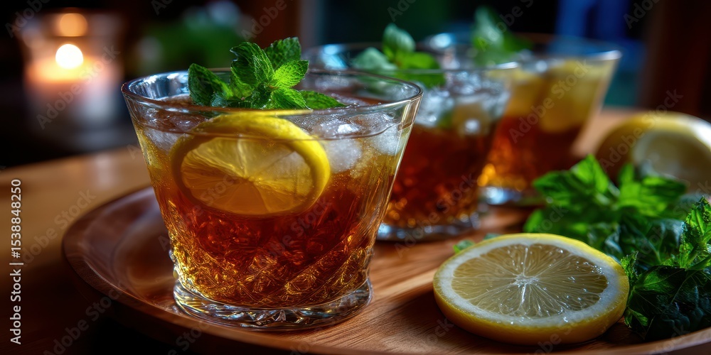 Refreshing glasses of iced tea with lemon and mint served on a wooden tray in a cozy setting during the afternoon Refreshing glasses of iced tea with lemon and mint served on a wooden tray in a cozy setting during the afternoon