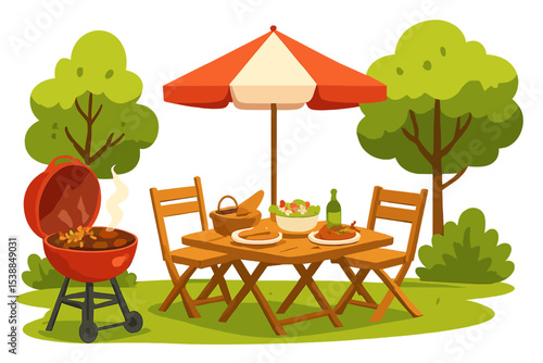 Outdoor barbecue gathering with food and drinks under a shaded umbrella in a park setting