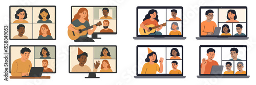Virtual gathering with diverse participants engaging in music and conversation during an online event at home