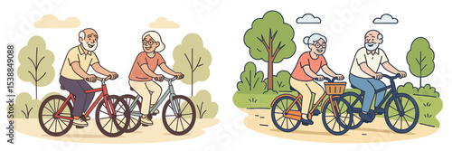 Seniors enjoy a leisurely bike ride through a sunny park with lush trees and vibrant nature all around them
