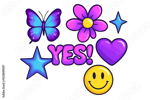 Bright and cheerful cartoon graphics featuring a butterfly, flower, stars, and a happy face expressing positivity