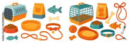 Collection of pet supplies including food, toys, and carriers for cats and dogs in vibrant colors