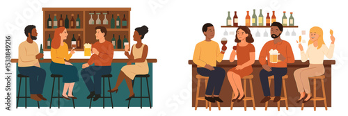 Social interactions in a lively bar with friends enjoying drinks in a vibrant urban setting during an evening gathering