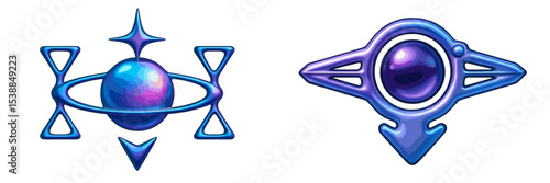 Creative futuristic symbols with vibrant blue and purple hues showcasing abstract designs and artistic flair