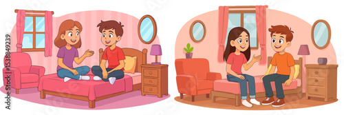 Two friends having conversations in cozy, colorful rooms at different times of the day in a residential setting