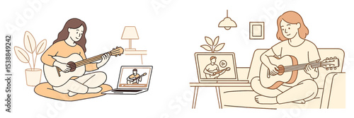 Two individuals learning guitar at home through online lessons during daytime
