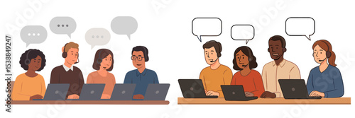 Team members engage in a virtual meeting while working on laptops in a collaborative workspace during the afternoon