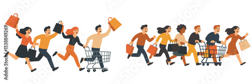 People rushing to shop during a sale event with shopping bags and carts in a vibrant, lively environment