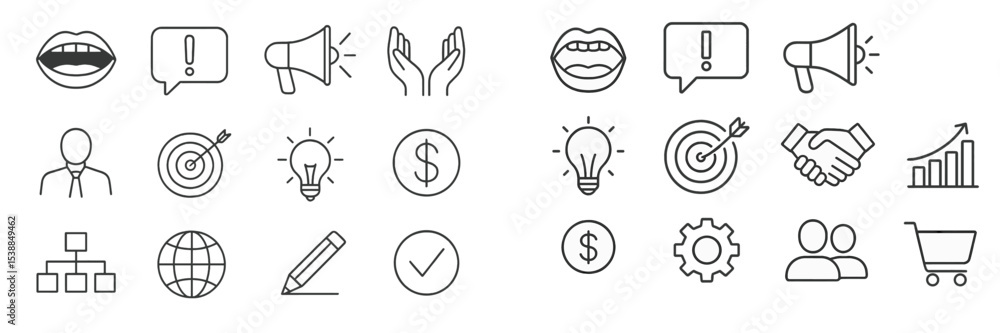 Various icons depicting communication, collaboration, and business activities in a minimalist style Various icons depicting communication, collaboration, and business activities in a minimalist style