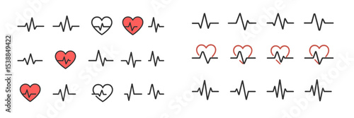 Heart rate icons in various designs and colors displayed side by side for visual representation of heartbeat patterns