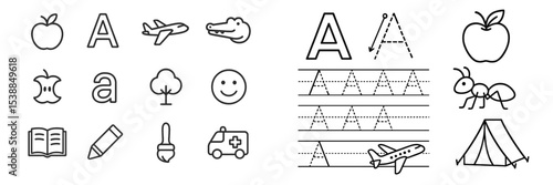 Educational illustrations of animals, objects, and letters for early childhood learning activities in a classroom setting