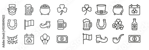 Colorful icons representing St. Patrick's Day festivities and celebrations with traditional symbols of luck and fun