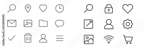 Various icons representing common digital functions and interactions arranged in a grid layout for user interface design and development