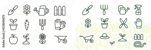 Collection of gardening icons depicting tools, plants, and accessories for backyard enthusiasts and horticulturists