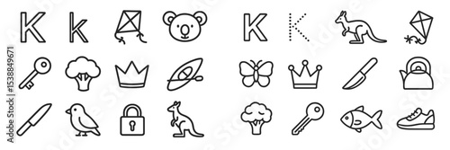 Collection of simple line drawings featuring animals and everyday objects in a playful arrangement suitable for children's education