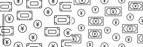Pattern featuring currency notes and coins with yen symbol on a simple white background