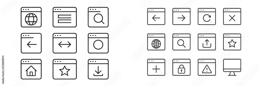 Various icons representing web navigation and functions arranged in a grid layout on a plain background Various icons representing web navigation and functions arranged in a grid layout on a plain background