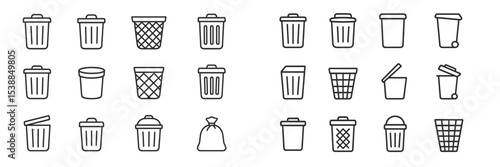 Collection of various trash bins and containers in minimalist line art design suitable for waste management concepts