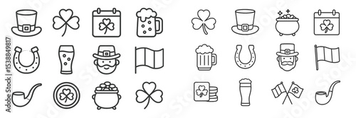 Symbols of St. Patrick's Day including shamrocks, hats, pints, and festive elements celebrating Irish culture and traditions