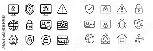 Various security icons representing cybersecurity concepts and protective measures displayed on a simple background