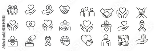 Icon collection depicting various themes of community support, fundraising, and charity activities in a simple, clean design