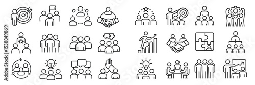 Diverse collection of teamwork and collaboration icons illustrating various business concepts and group dynamics