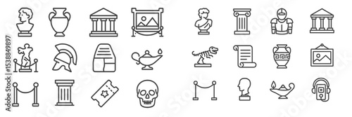 Illustrative icons of ancient artifacts and culture showcasing sculptures, vases, and historical items in a minimalist design