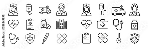 Health and medical icons representing various healthcare activities and equipment in a simple line style
