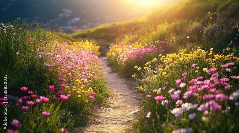 Obraz premium Colorful Pathway Through Vibrant Wildflowers at Sunset in Scenic Nature Landscape