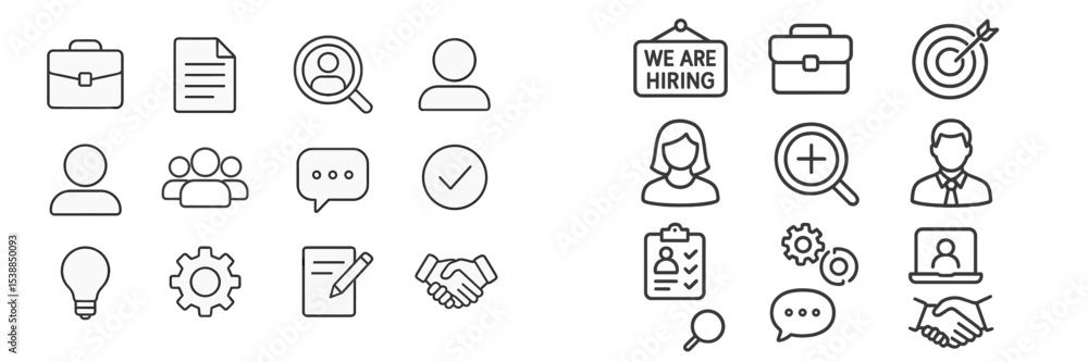 Collection of hiring and job search icons illustrating various aspects of recruitment process and professional networking Collection of hiring and job search icons illustrating various aspects of recruitment process and professional networking