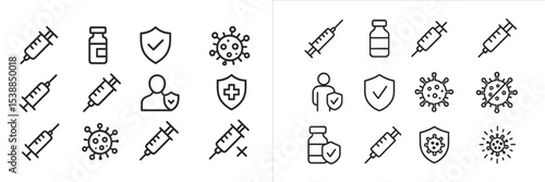 Collection of vaccine-related icons illustrating health, safety, and virus protection